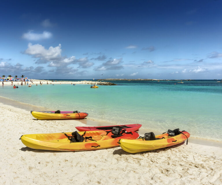 Tropical sandy beach with coconut palms and turquoise water. Caribbean Sea